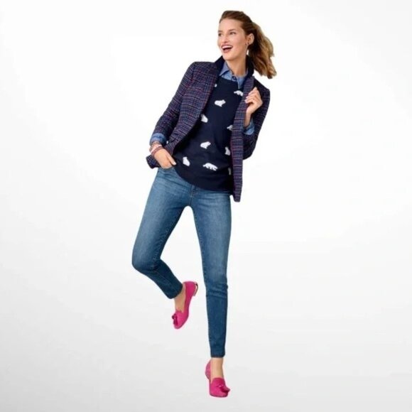 Talbots Navy Blue Crewneck Sweater Winter Polar Bears Pom Pom Hats Size XL - Picture 3 of 12